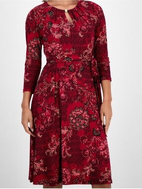 Kasper Red/Black Multi Printed 3/4 Sleeve&  Tie-Waist Midi Dress Size 6 & 10